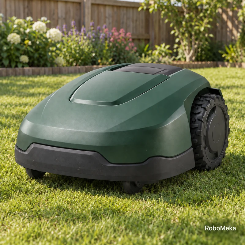 Illustrative scene of a green compact robotic mower on a residential garden lawn