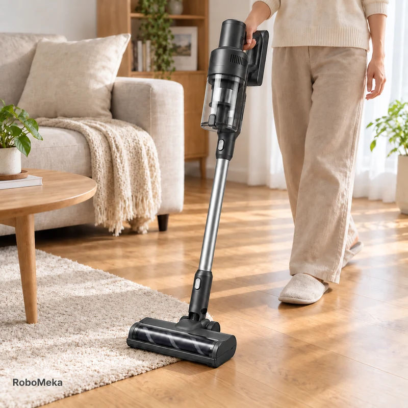 Illustrative scene of a graphite cordless stick vacuum beside a sofa on an oak living-room floor