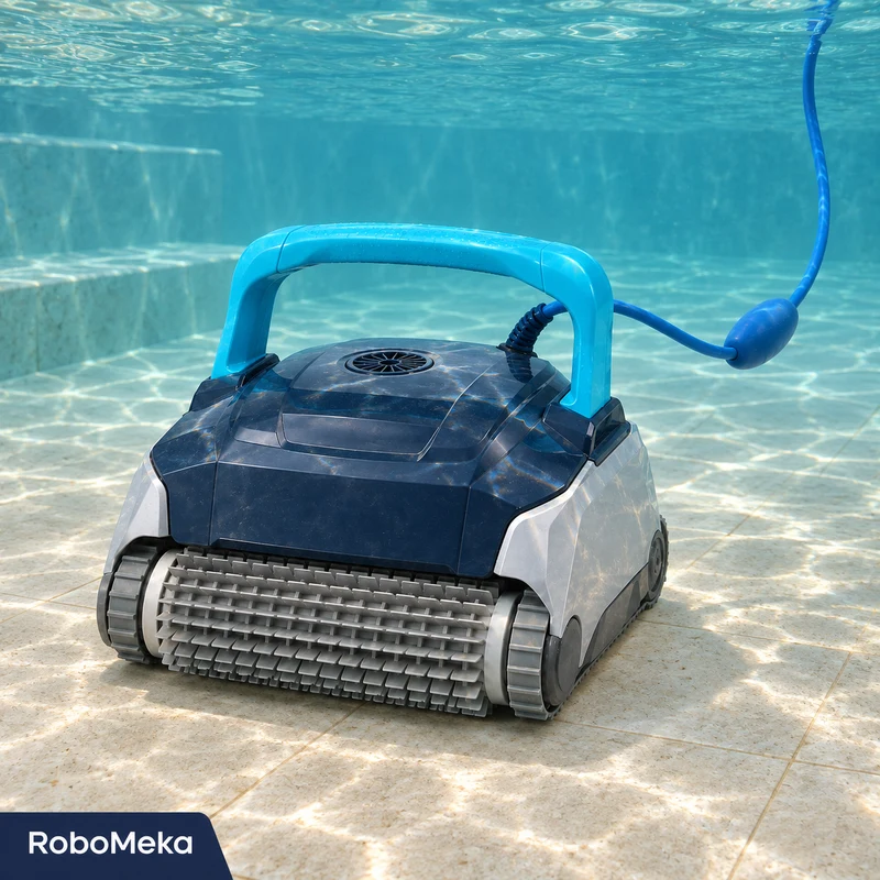 Illustrative underwater scene of a navy pool robot with a blue floating cable