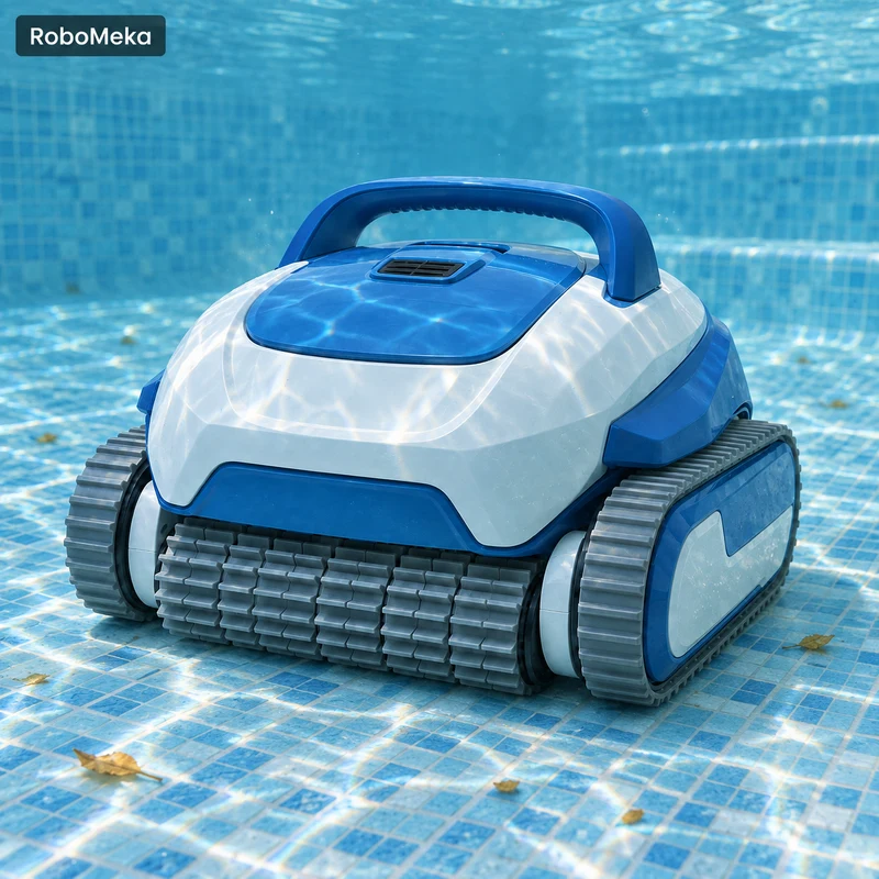 Illustrative underwater scene of a blue and white cordless pool robot on a tiled pool floor