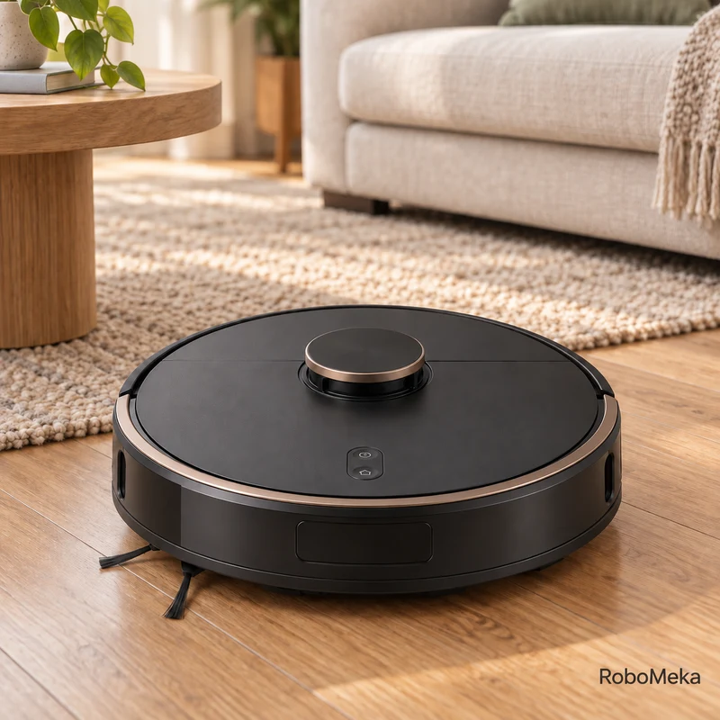 Illustrative scene of a black robot vacuum on a wood floor beside a living-room rug